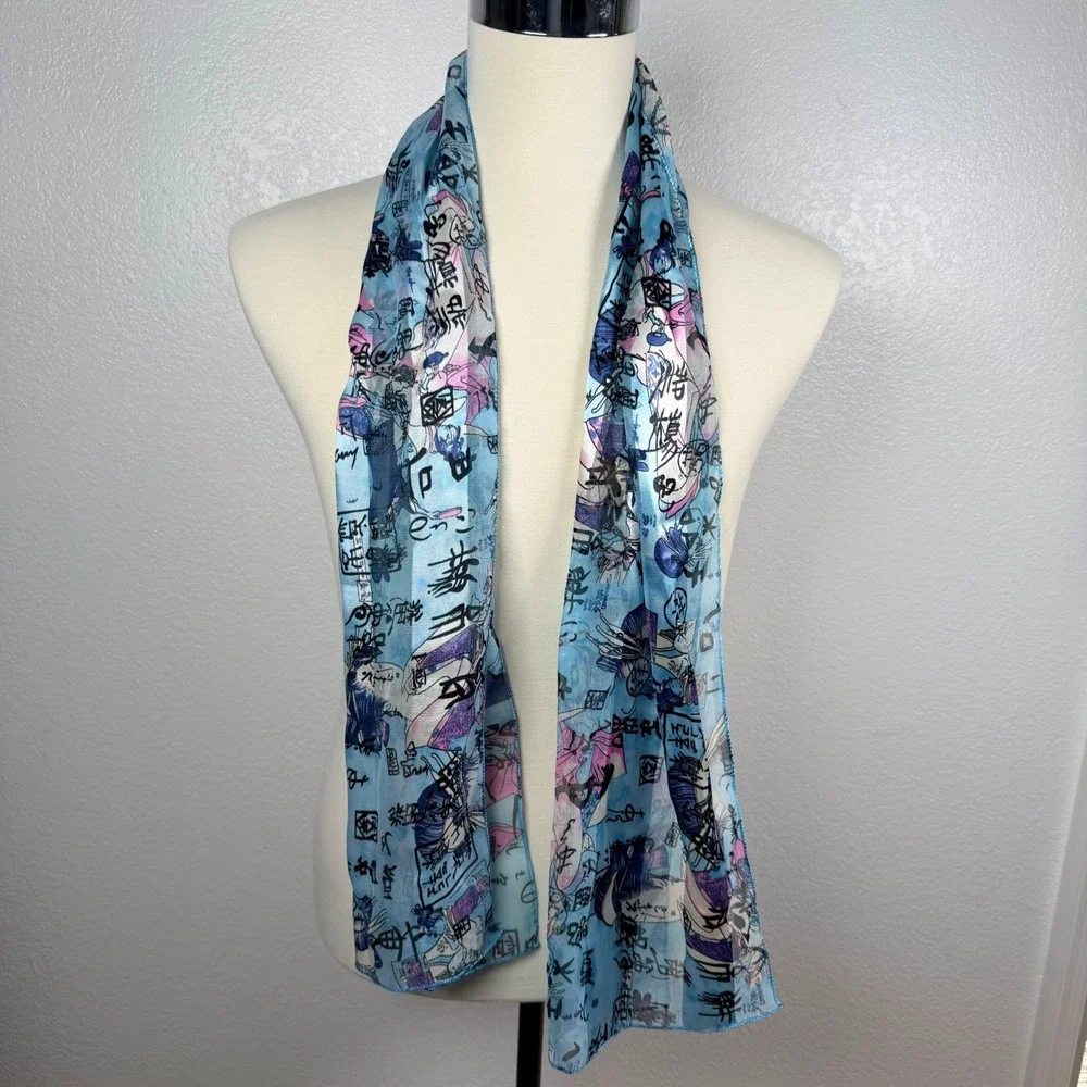Space Age Blue Geisha Japanese Calligraphy Sheer Rectangle Scarf Made in Korea